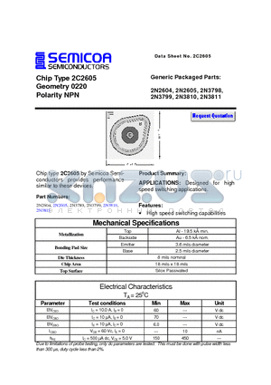 2N2605 datasheet - Chip Type 2C2605 Geometry 0220 Polarity NPN