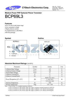 BCP69L3 datasheet - Medium Power PNP Epitaxial Planar Transistor