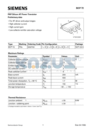 BCP72 datasheet - PNP Silicon AF Power Transistor (For AF driver and output stages High collector current High current gain)