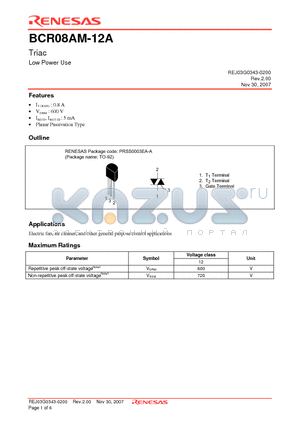 BCR08AM-12A-TB datasheet - Triac Low Power Use