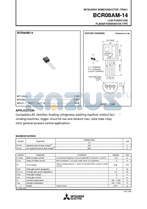 BCR08AM-14 datasheet - LOW POWER USE PLANAR PASSIVATION TYPE