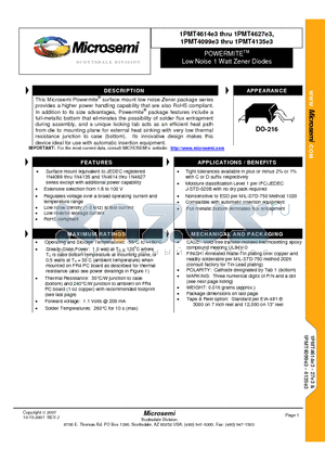 1PMT4100E3 datasheet - POWERMITETM Low Noise 1 Watt Zener Diodes