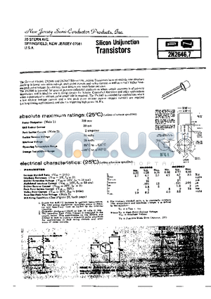 2N2646 datasheet - 20 STERN AVE SPRINGFIELD,NEW JERSEY 07081 U.S.A