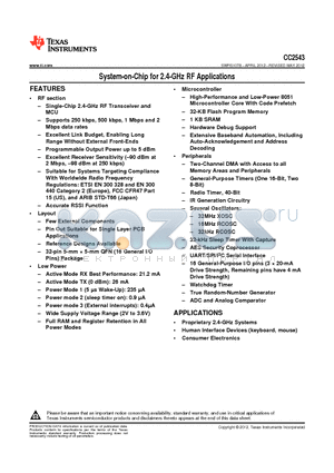 CC2543 datasheet - System-on-Chip for 2.4-GHz RF Applications