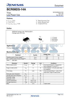BCR08DS-14A datasheet - Triac Low Power Use Planar Passivation Type Surface Mounted Type