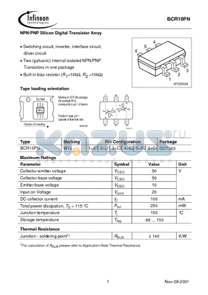 BCR10 datasheet - NPN/PNP Silicon Digital Transistor Array