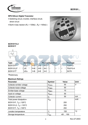 BCR101F datasheet - NPN Silicon Digital Transistor