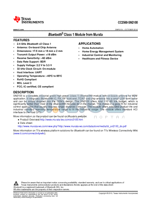 CC2560-SN2100 datasheet - Bluetooth Class 1 Module from Murata