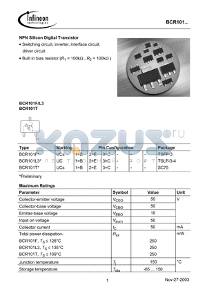 BCR101T datasheet - NPN Silicon Digital Transistor