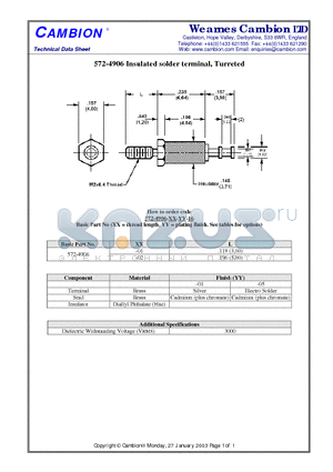 572-4906 datasheet - Insulated solder terminal, Turreted
