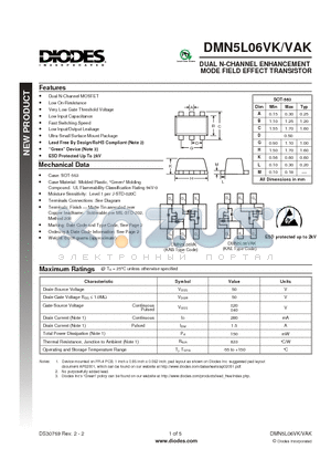 DMN5L06VK datasheet - DUAL N-CHANNEL ENHANCEMENT MODE FIELD EFFECT TRANSISTOR