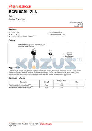 BCR10CM-12LA-A8 datasheet - Triac Medium Power Use