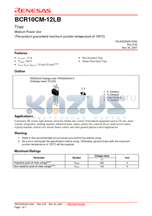 BCR10CM-12LB-A8 datasheet - Triac Medium Power Use (The product guaranteed maximum junction temperature of 150`C)