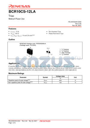 BCR10CS-12LA datasheet - Triac Medium Power Use (The product guaranteed maximum junction temperature of 150`C)