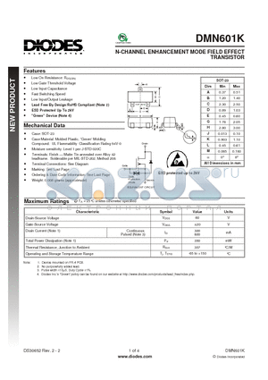 DMN601K datasheet - N-CHANNEL ENHANCEMENT MODE FIELD EFFECT TRANSISTOR