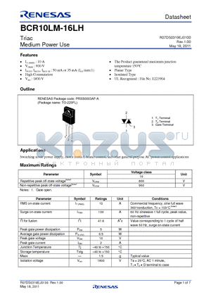 BCR10LM-16LH-A8-B00 datasheet - Triac Medium Power Use