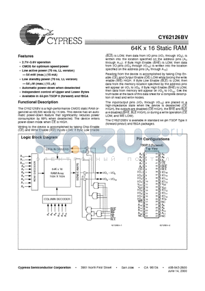 CY62126BVLL-55ZI datasheet - 64K x 16 Static RAM