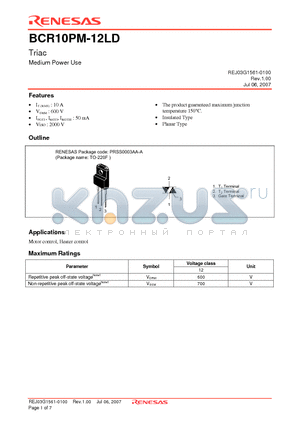 BCR10PM-12LD-A8 datasheet - Triac Medium Power Use (The product guaranteed maximum junction temperature of 150`C)