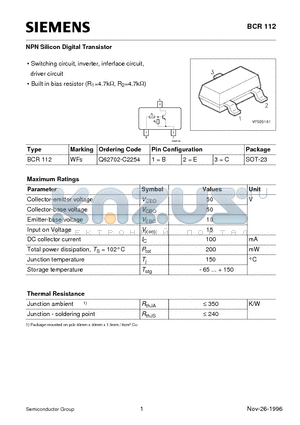 BCR112 datasheet - NPN Silicon Digital Transistor (Switching circuit, inverter, inferface circuit, driver circuit)