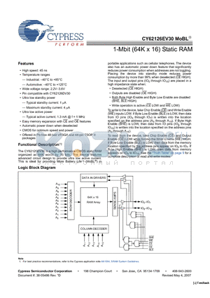 CY62126EV30 datasheet - 1-Mbit (64K x 16) Static RAM