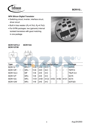 BCR112W datasheet - NPN Silicon Digital Transistor