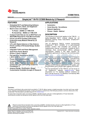 CC3000-TIWI-SL datasheet - SimpleLink Wi-Fi^ CC3000 Module by LS Research