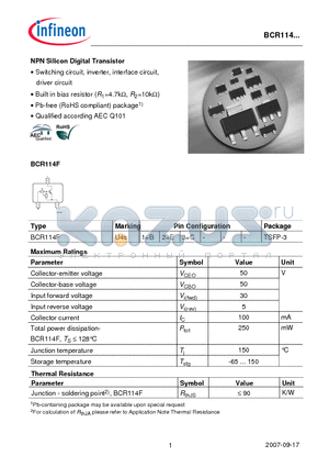 BCR114 datasheet - NPN Silicon Digital Transistor