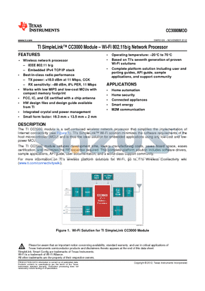 CC3000MOD datasheet - TI SimpleLink CC3000 Module . Wi-Fi 802.11b/g Network Processor