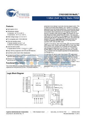 CY62126EV30LL-55ZSXE datasheet - 1-Mbit (64K x 16) Static RAM