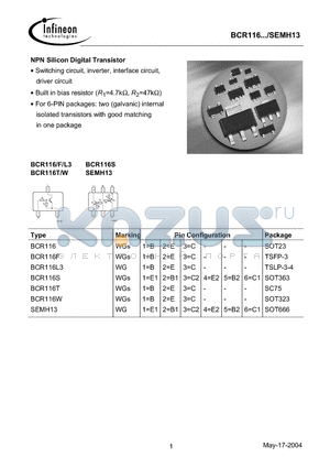 BCR116W datasheet - NPN Silicon Digital Transistor