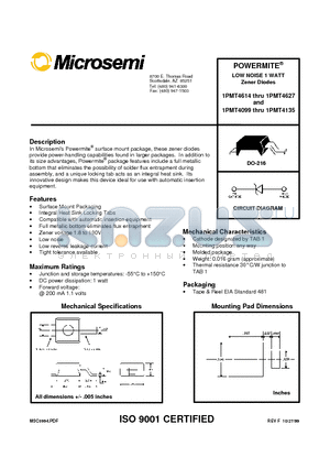 1PMT4629 datasheet - LOW NOISE 1 WATT Zener Diodes