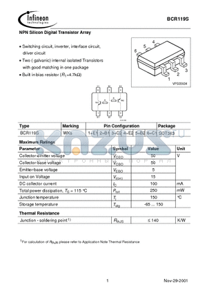 BCR119S datasheet - NPN Silicon Digital Transistor Array