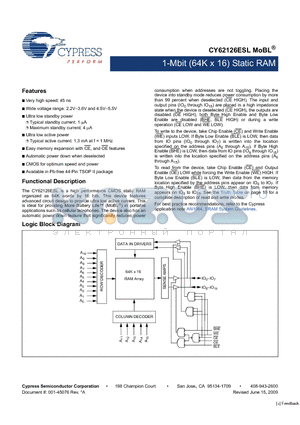 CY62126ESL datasheet - 1-Mbit (64K x 16) Static RAM