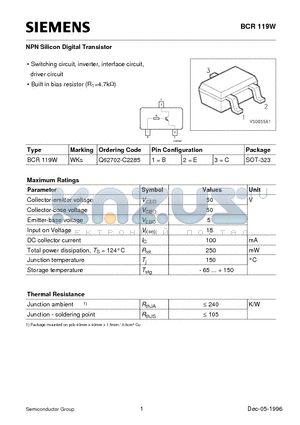 BCR119W datasheet - NPN Silicon Digital Transistor (Switching circuit, inverter, interface circuit, driver circuit)