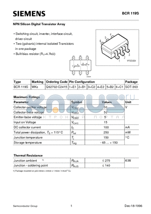 BCR119S datasheet - NPN Silicon Digital Transistor Array (Switching circuit, inverter, interface circuit, driver circuit)
