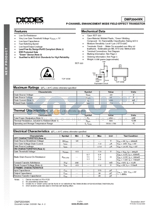 DMP2004WK datasheet - P-CHANNEL ENHANCEMENT MODE FIELD EFFECT TRANSISTOR