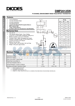 DMP2012SN datasheet - P-CHANNEL ENHANCEMENT MODE FIELD EFFECT TRANSISTOR