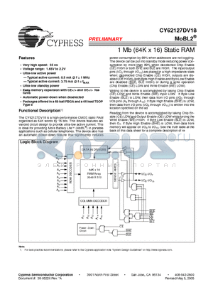 CY62127DV18LL-55BVI datasheet - 1 Mb (64K x 16) Static RAM