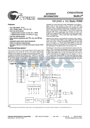 CY62127DV20 datasheet - 1M (64K x 16) Static RAM