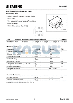 BCR129S datasheet - NPN Silicon Digital Transistor Array (Switching circuit, inverter, interface circuit, driver circuit)