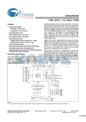 CY62127DV30L-55ZSXE datasheet - 1-Mb (64K x 16) Static RAM