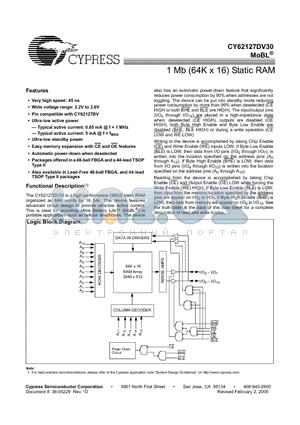 CY62127DV30L-55BVI datasheet - 1 Mb (64K x 16) Static RAM