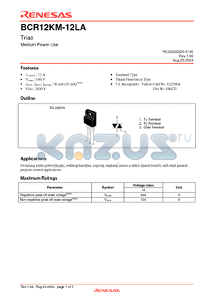 BCR12KM-12LA datasheet - Triac Medium Power Use