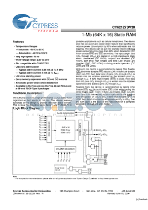 CY62127DV30LL-45ZXI datasheet - 1-Mb (64K x 16) Static RAM