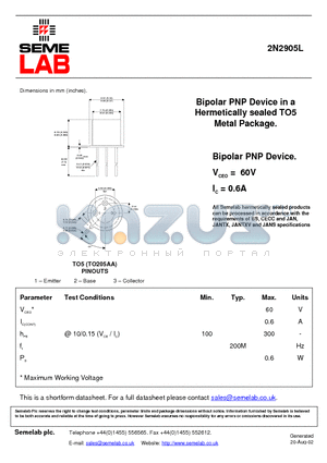 2N2905L datasheet - Bipolar PNP Device in a Hermetically sealed TO5