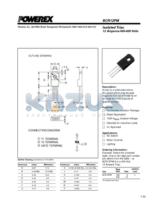 BCR12PM-12L datasheet - Isolated Triac 12 Amperes/400-600 Volts
