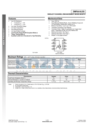 DMP3015LSS datasheet - SINGLE P-CHANNEL ENHANCEMENT MODE MOSFET