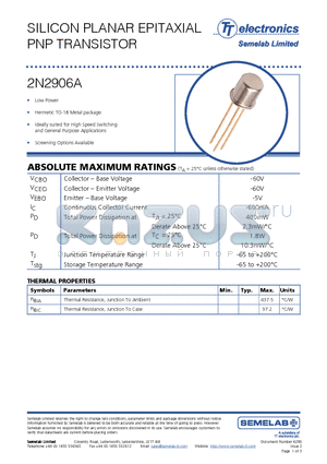 2N2906A datasheet - SILICON PLANAR EPITAXIAL PNP TRANSISTOR