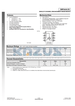 DMP3020LSS-13 datasheet - SINGLE P-CHANNEL ENHANCEMENT MODE MOSFET