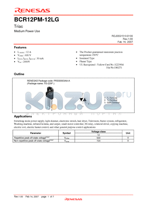 BCR12PM-12LG datasheet - Triac Medium Power Use